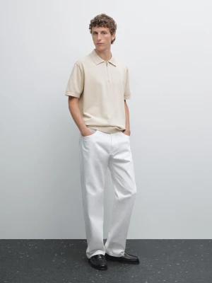 Koszulka Polo Z Bawełnianej Dzianiny Z Dekoltem Na Suwak - Beżowy - - Massimo Dutti - Male