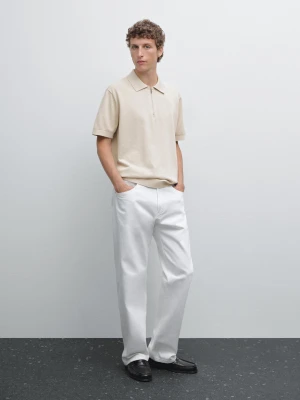 Koszulka Polo Z Bawełnianej Dzianiny Z Dekoltem Na Suwak - Beżowy - - Massimo Dutti - Mężczyzna