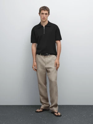 Koszulka Polo Z Bawełnianej Dzianiny Z Dekoltem Na Suwak - Czarny - - Massimo Dutti - Mężczyzna