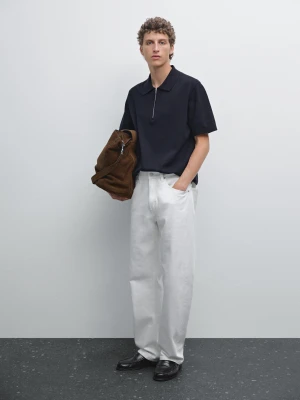 Koszulka Polo Z Bawełnianej Dzianiny Z Dekoltem Na Suwak - Granatowy - - Massimo Dutti - Mężczyzna