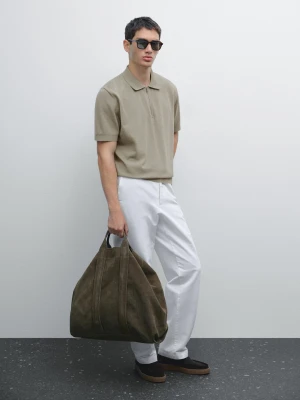 Koszulka Polo Z Bawełnianej Dzianiny Z Dekoltem Na Suwak - Szary Mysi - - Massimo Dutti - Mężczyzna