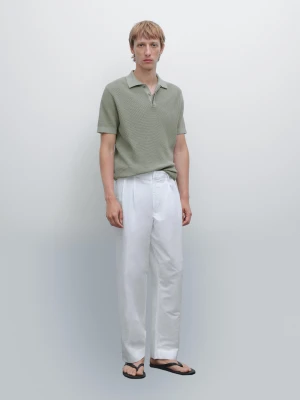 Koszulka Polo Z Bawełnianej Dzianiny Z Fakturą - Perłowy/Beżowy - - Massimo Dutti - Mężczyzna