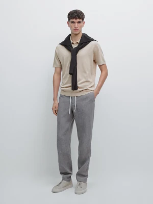 Koszulka Polo Z Bawełnianej Dzianiny Z Krótkim Rękawem - Beżowy - - Massimo Dutti - Mężczyzna