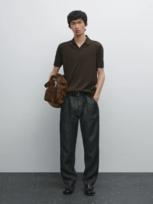 Koszulka Polo Z Bawełnianej Dzianiny Z Krótkim Rękawem - Ciemny Khaki - - Massimo Dutti - Mężczyzna