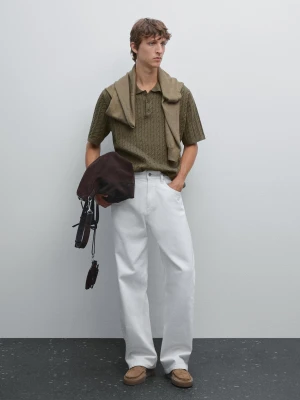 Koszulka Polo Z Dzianiny O Warkoczowym Splocie - Ziel Pop - - Massimo Dutti - Mężczyzna