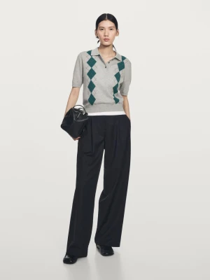 Koszulka Polo Z Dzianiny W Romby Z Krótkim Rękawem - Szary - - Massimo Dutti - Kobieta