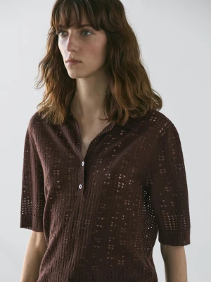 Koszulka Polo Z Krótkim Rękawem Z Dzianiny Z Mieszanki Wełny - Czekoladowy - - Massimo Dutti - Kobieta