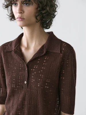 Koszulka Polo Z Krótkim Rękawem Z Dzianiny Z Mieszanki Wełny - Czekoladowy - - Massimo Dutti - Kobieta