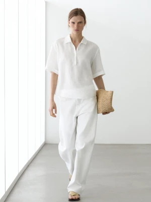 Koszulka Polo Z Krótkim Rękawem Z Lnu - Biały - - Massimo Dutti - Kobieta