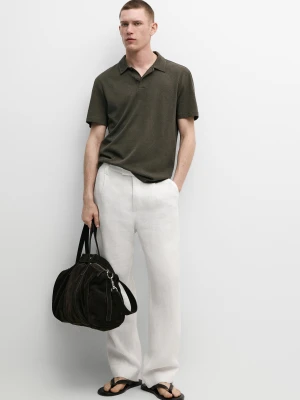 Koszulka Polo Z Krótkim Rękawem Z Lnu I Bawełny - Khaki - - Massimo Dutti - Mężczyzna