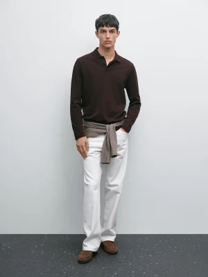 Koszulka Polo Z Merceryzowanej Bawełny Z Długim Rękawem - Bordowy - - Massimo Dutti - Mężczyzna