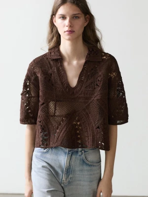 Koszulka Polo Z Mieszanki Bawełny Szydełkowana - Brązowy - - Massimo Dutti - Kobieta