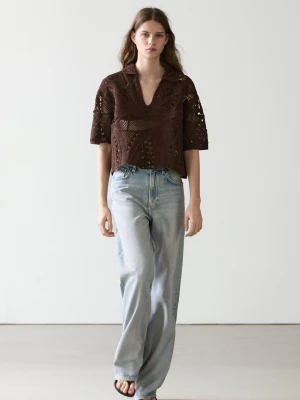 Koszulka Polo Z Mieszanki Bawełny Szydełkowana - Brązowy - - Massimo Dutti - Kobieta