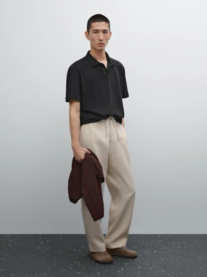 Koszulka Polo Z Mieszanki Lnu Z Krótkim Rękawem - Czarny - - Massimo Dutti - Mężczyzna