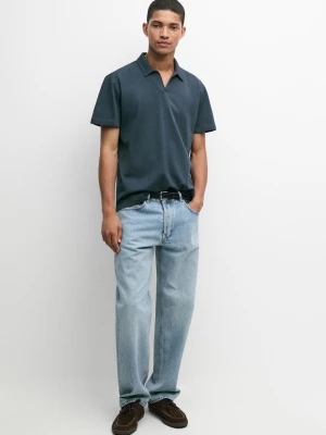 Koszulka Polo Z Piki Z Dekoltem W Serek I Mikrofakturą - Ciemnoniebieski - Massimo Dutti - Male
