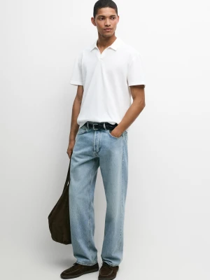 Koszulka Polo Z Piki Z Dekoltem W Serek I Mikrostrukturą - Biały - Massimo Dutti - Male