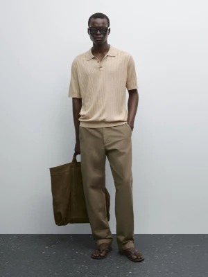 Koszulka Polo Z Prążkowanej Dzianiny - Beżowy - - Massimo Dutti - Mężczyzna