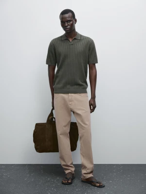 Koszulka Polo Z Prążkowanej Dzianiny - Ciemny Khaki - - Massimo Dutti - Mężczyzna