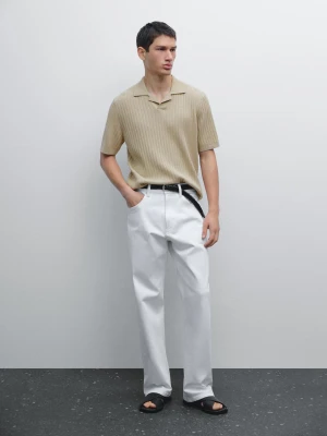 Koszulka Polo Z Prążkowanej Dzianiny Z Krótkim Rękawem - Beżowy - - Massimo Dutti - Mężczyzna