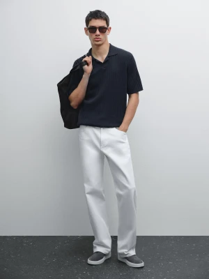 Koszulka Polo Z Prążkowanej Dzianiny Z Krótkim Rękawem - Granatowy - - Massimo Dutti - Mężczyzna