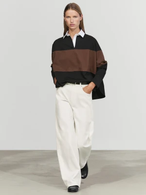 Oversize Koszulka Polo W Szerokie Paski Ze 100% Bawełny - Czarny - Massimo Dutti - Female