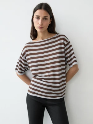 Koszulka W Paski Z Dekoltem Łódka Z Lnu - Błękitny - - Massimo Dutti - Kobieta