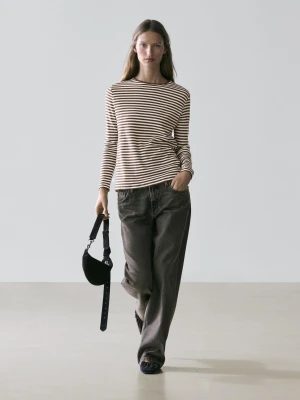 Koszulka W Paski Z Długim Rękawem I Kontrastowym Detalem - Brązowy - - Massimo Dutti - Kobieta