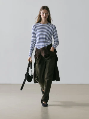 Koszulka W Paski Z Długim Rękawem I Kontrastowym Detalem - Granatowy - - Massimo Dutti - Kobieta