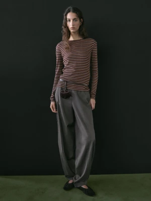 Koszulka W Paski Z Długim Rękawem Z Mieszanki Bawełny - Bakłażanowy/Oberżynowy - - Massimo Dutti - Kobieta