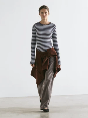 Zdjęcie produktu Koszulka W Paski Z Długim Rękawem Z Mieszanki Bawełny - Brązowy - - Massimo Dutti - Kobieta