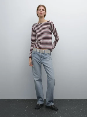 Koszulka W Paski Z Kopertowym Zdobieniem Na Ramionach - Bordowy - - Massimo Dutti - Kobieta