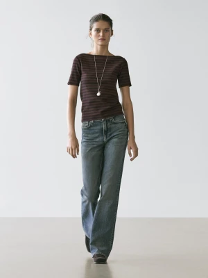 Koszulka W Paski Z Krótkim Rękawem I Dekoltem Łódką - Brązowy - - Massimo Dutti - Kobieta