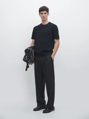 Koszulka Z Bawełnianej Dzianiny Z Krótkim Rękawem - Granatowy - - Massimo Dutti - Mężczyzna