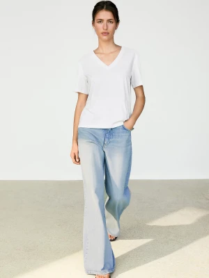 Koszulka Z Bawełny Typu Interlock Z Dekoltem W Serek - Biały - Massimo Dutti - Female