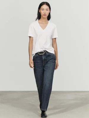 Koszulka Z Bawełny Typu Interlock Z Dekoltem W Serek - Biały - Massimo Dutti - Female