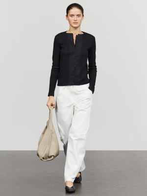 Koszulka Z Dekoltem Na Guziki Z Mieszanki Bawełny - Ołowiany - Massimo Dutti - Female