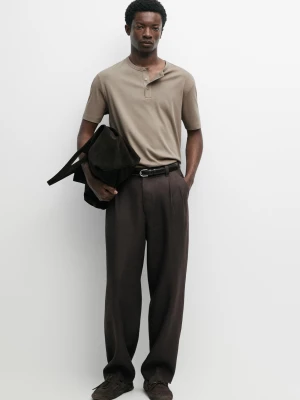 Koszulka Z Dekoltem Na Guziki Ze 100% Bawełny - Brązowy - Massimo Dutti - Male