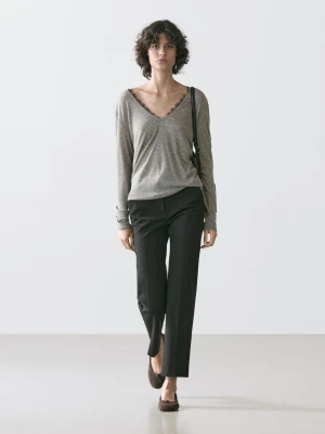 Koszulka Z Dekoltem W Serek Z Koronką - Szary Melanżowy - - Massimo Dutti - Kobieta