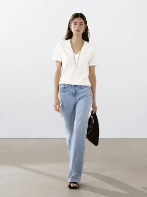 Koszulka Z Dekoltem W Serek Ze 100% Bawełny - Biały - - Massimo Dutti - Kobieta