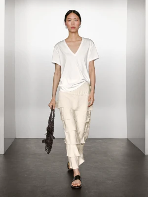 Koszulka Z Dekoltem W Serek Ze 100% Bawełny - Biały - - Massimo Dutti - Kobieta