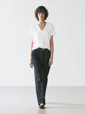 Koszulka Z Dekoltem W Serek Ze 100% Bawełny - Biały - - Massimo Dutti - Kobieta