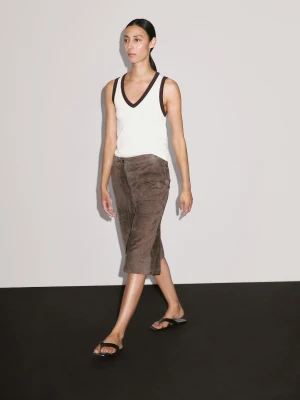 Prążkowana Koszulka Z Dekoltem W Serek - Surowy - - Massimo Dutti - Kobieta