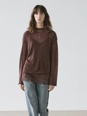 Koszulka Z Długim Rękawem I Koronką - Brązowy - - Massimo Dutti - Kobieta