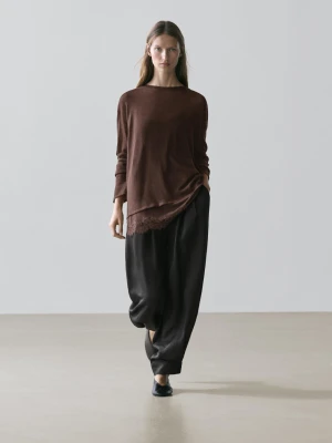 Koszulka Z Długim Rękawem I Koronką - Brązowy - - Massimo Dutti - Kobieta