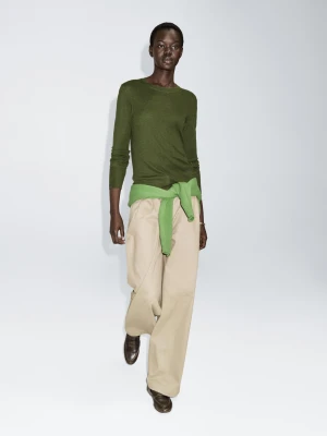 Koszulka Z Długim Rękawem I Prążkowanym Wykończeniem - Zielony - - Massimo Dutti - Kobieta