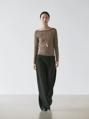 Koszulka Z Długim Rękawem Z Bawełny W Paski - Brązowy - - Massimo Dutti - Kobieta