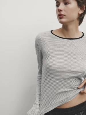 Koszulka Z Długim Rękawem Z Bawełny W Paski - Surowy - - Massimo Dutti - Kobieta