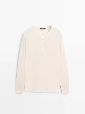 Koszulka Z Długim Rękawem Z Dekoltem Na Guziki 100% Bawełna - Biały Złamany - Massimo Dutti - Male