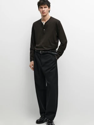 Koszulka Z Długim Rękawem Z Dekoltem Na Guziki 100% Bawełna - Czekoladowy - Massimo Dutti - Male