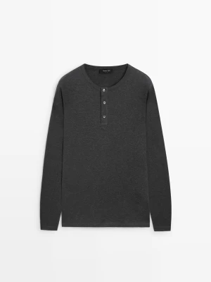 Koszulka Z Długim Rękawem Z Dekoltem Na Guziki 100% Bawełna - Szary Melanżowy - Massimo Dutti - Male